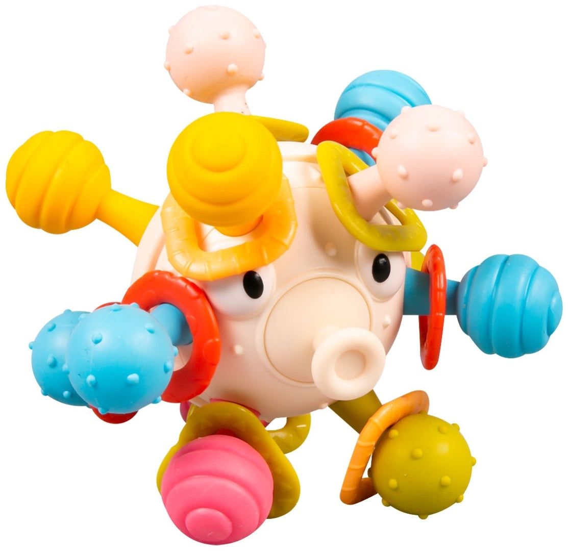 Fidtoy Spinning Puffer Fish Rattle Teether Toy for Babies 3-12 Months, PP Colorful Sensory Sea Animal Toy with Spinning Fins and Travel-Friendly Grip Design