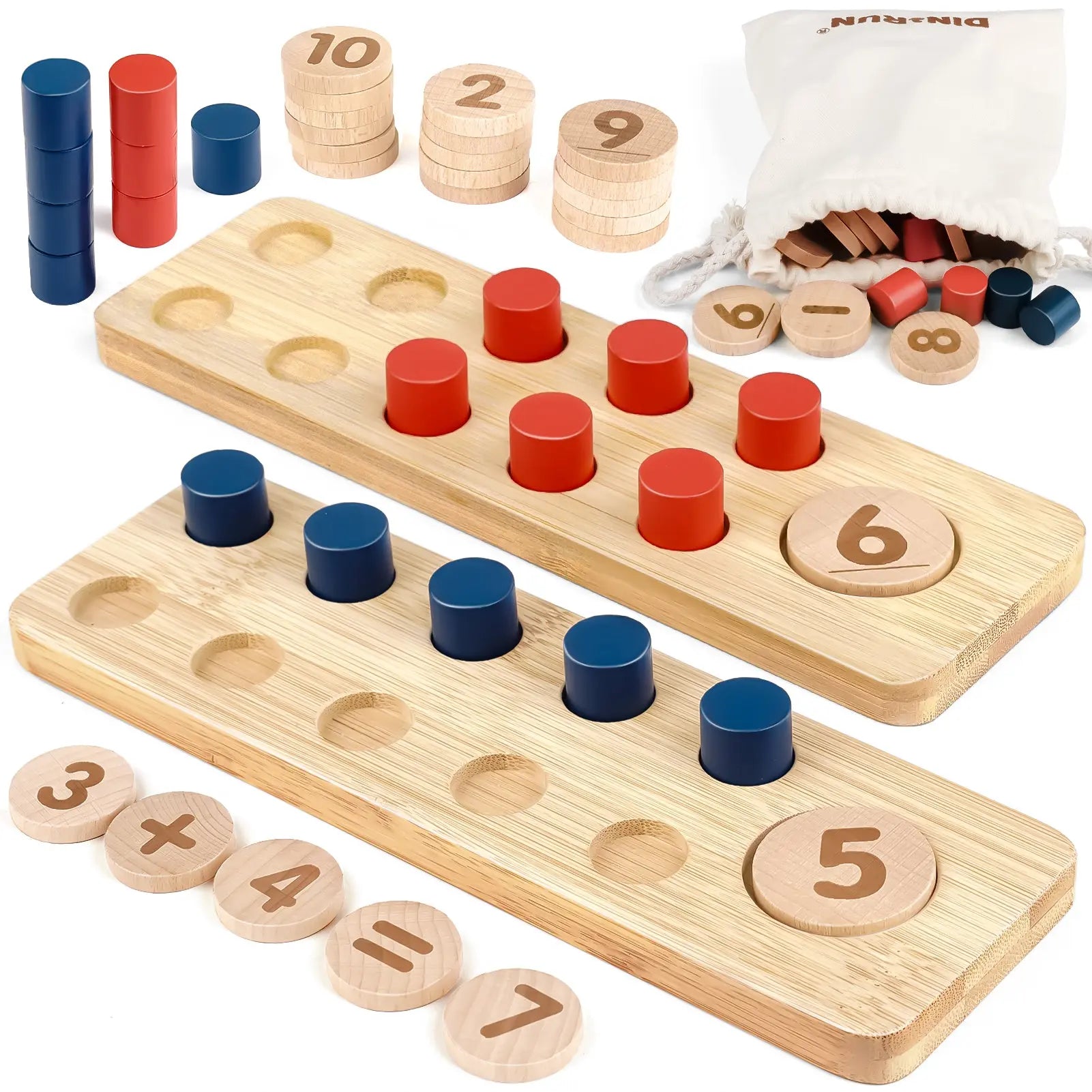 Fidtoy Wooden Math Toy for Toddlers Counting Addition Subtraction Learning Set with Pegs and Numbers