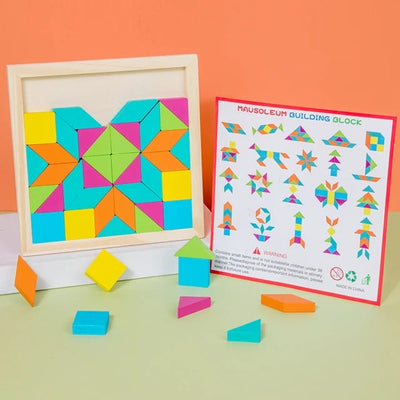 Fidtoy Wooden Geometrical Shapes Pattern Tangram Puzzle Montessori Color Shape Learning Toy for Kids Ages 2 to 6