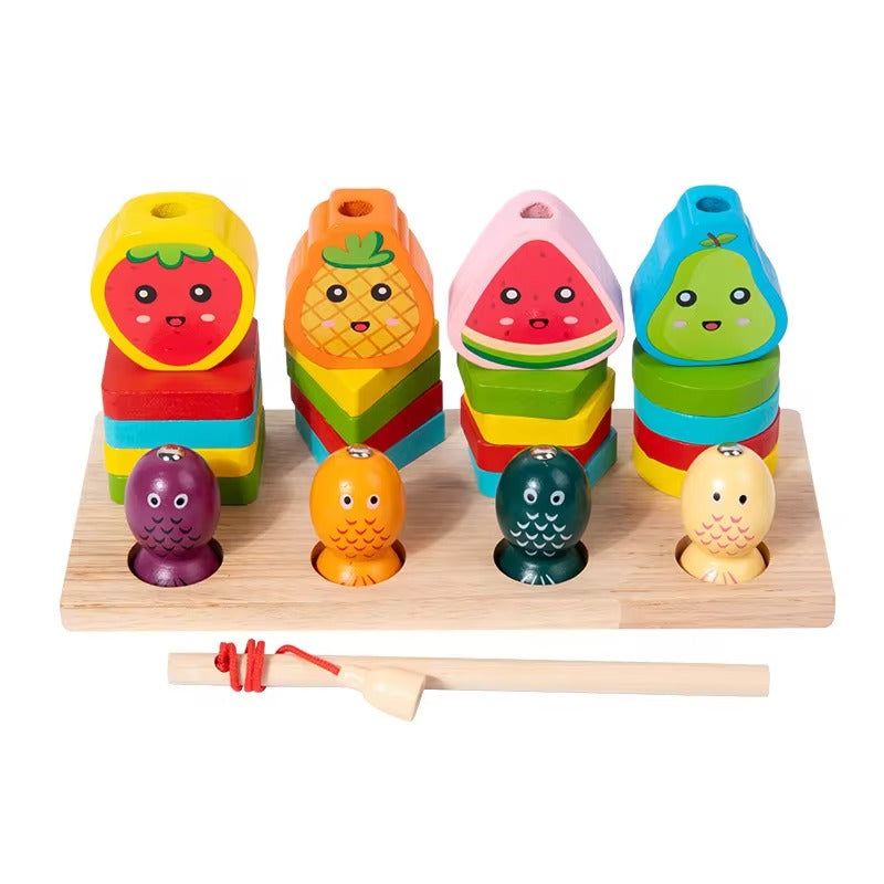 Fidtoy 3-in-1 Multifunctional Shape Lacing Fruits and Fish Catch Activity, Wooden Magnetic Fishing Shape Sorting Toy for Toddlers Ages 2-6, Fine Motor Color Matching and Stacking Learning Toy