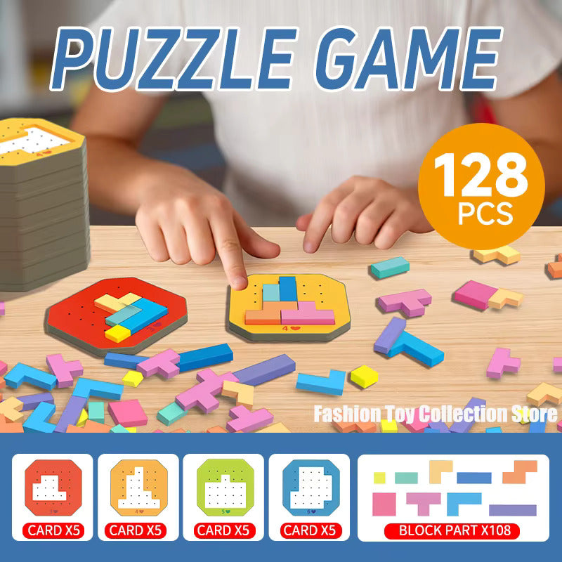 Fidtoy 3D Tangram Multiplayer Challenging Block Game, 128 Piece Colorful Puzzle Blocks, Spatial Awareness Logic Thinking Family Puzzle Toy Ages 2-6
