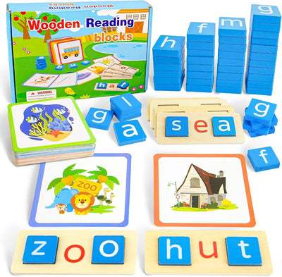 Fidtoy Sight Words Flash Cards Kindergarten Wooden Reading Blocks, 60 Double-Sided CVC Word Cards with Wooden Letter Blocks, Alphabet Spelling Game for Early Reading and Classroom Literacy Play