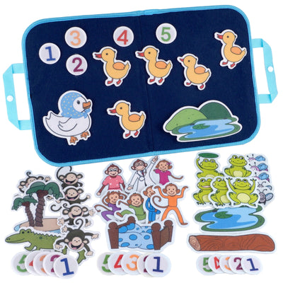 CHEFAN Tablero de fieltro para niños pequeños, tablero de franela para contar historias con piezas de fieltro de 5 patitos, 5 monitos y 5 ranitas verdes para actividades preescolares, 4 juegos
