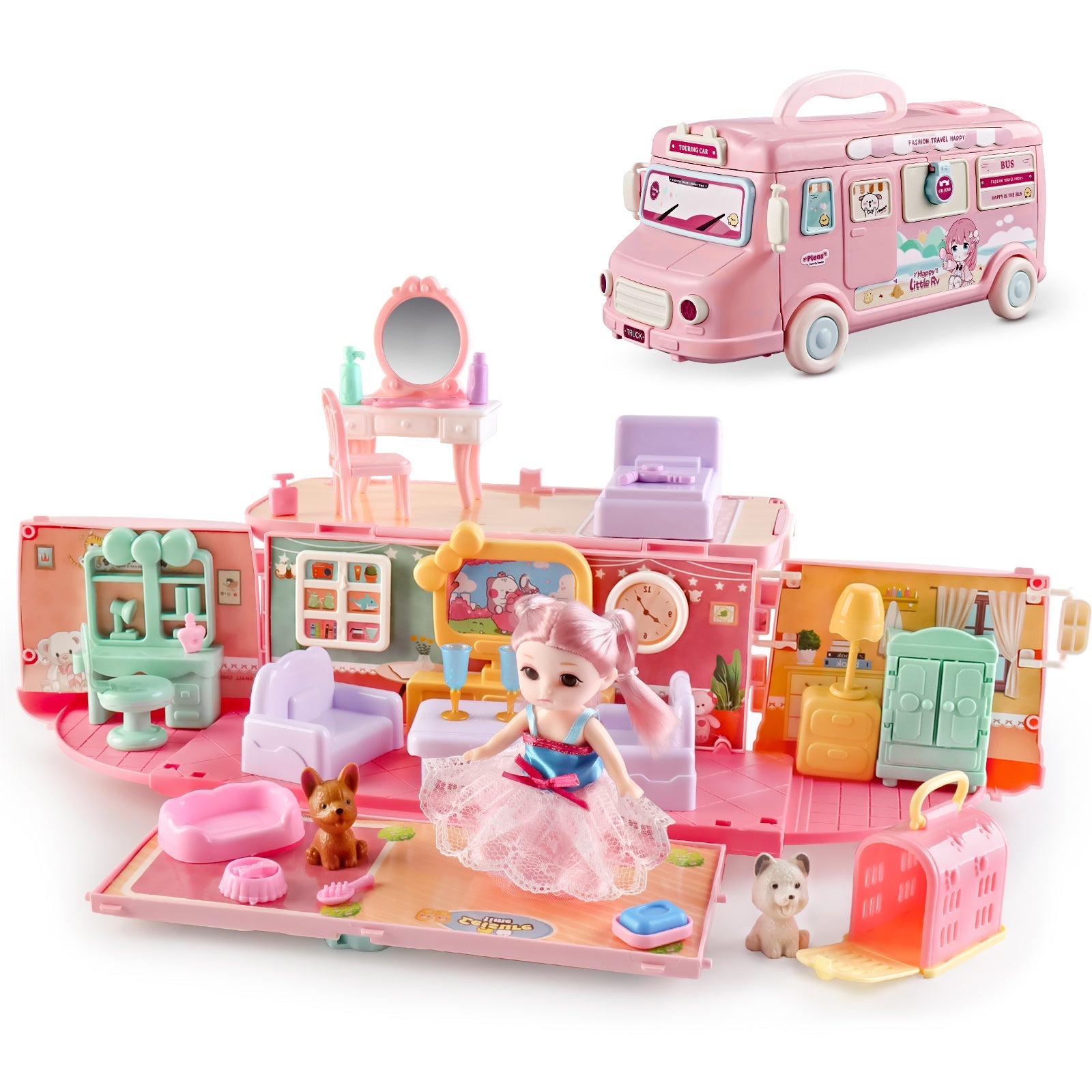 Casa de muñecas portátil para niños, juguete, set de casita 2 en 1, 32 accesorios con muebles y figuras, rosa