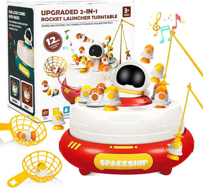 Fidtoy Lanceur de roquettes 2 en 1 avec pêche magnétique et plateau tournant, jeu de capture de roquettes sur le thème de l'espace en plastique avec pêche magnétique, jouet de coordination œil-main pour les 3 ans et plus