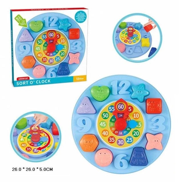 Fidtoy Teach Time Learning Clock Toy for Kids, Plastic Manual Time-Telling Clock with Number Learning and Shape Sorting Activity, 10.24 Inch Educational Toy