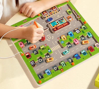Fidtoy Magnetic Maze Parking Lot Letter Matching Board, Alphabet Car Maze Toy with 26 Letter Cars and Magnetic Pen, Uppercase Lowercase Matching Toy Ages 3+