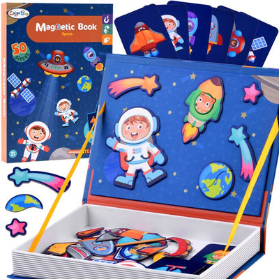 Fidtoy STEAM Magnetic Puzzle Book Space Theme for Kids Ages 2-6, 50-Piece Cardboard Magnetic UFO Puzzle Activity Book with Astronaut and Space Scene Pieces