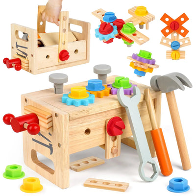 Fidtoy Juego de herramientas de madera para niños, 30 piezas, juguete de construcción para juegos de imitación para niños pequeños