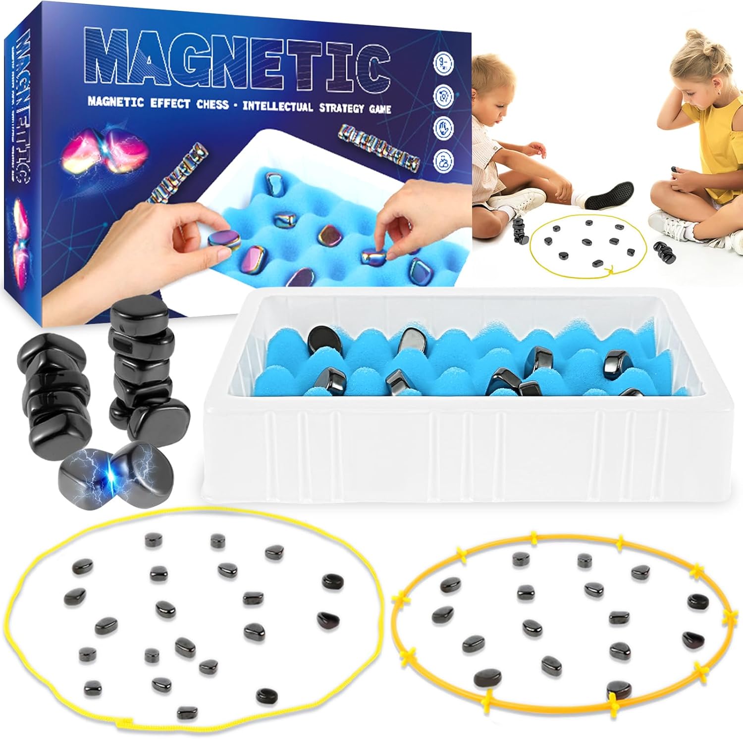 Fidtoy Magnetic Effect Chess Stone Family Board Game, Magnetic Stone Strategy Game with Sponge Board, Game Rope and Storage Bag, Family Logic Board Game Ages 3+