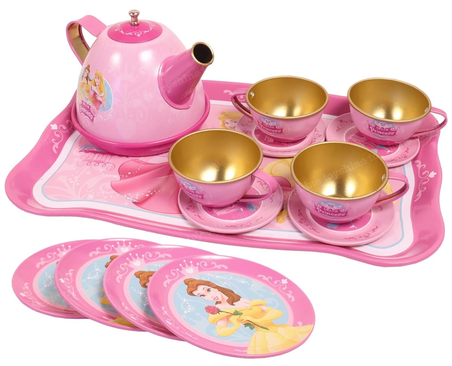 Fidtoy Metal Tea Party Set for Kids Pink Pretend Play Kitchen Tea Set with Teapot Cups Saucers and Tray