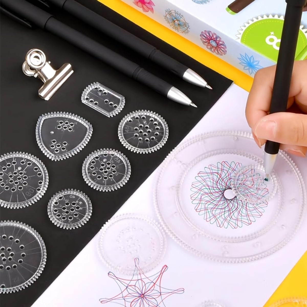 Fidtoy Spiral Art Gear Geometric Drawing Pattern Set for Kids Ages 3-8, 22-Piece Plastic Spirograph Style Ruler Art Kit with Gears, Pens and Drawing Paper