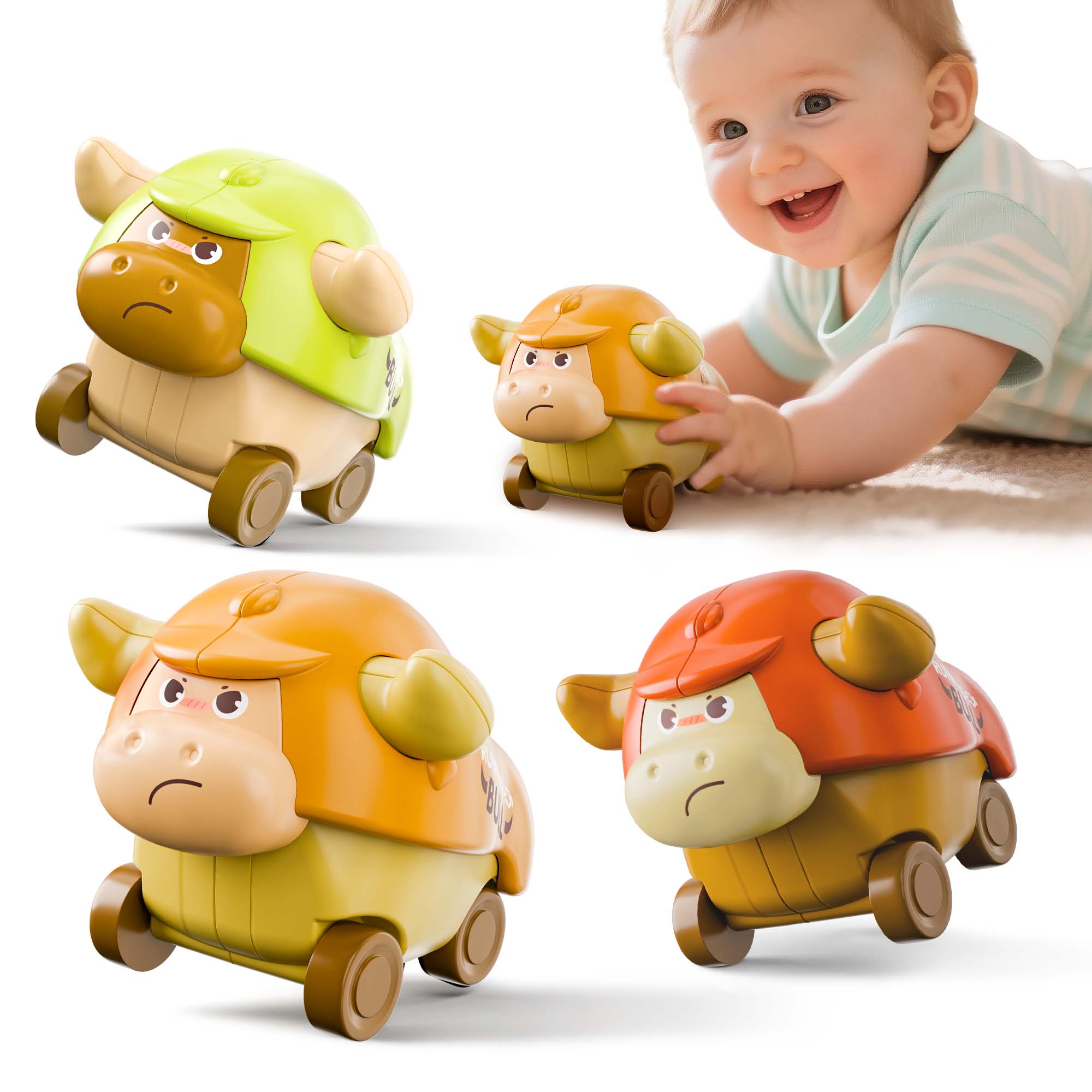 Fidtoy+Press to Go Bull Animal Car Toy Set for Toddlers