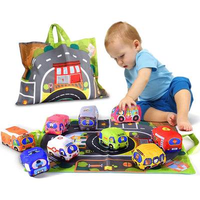 Fidtoy Soft Fabric Car Play Mat Set for Babies – 9-Piece Plush Vehicle Toy Set with Foldable Road Mat, Storage Bag, Crinkle Sounds, and Sensory Play