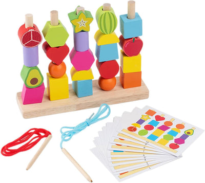 Fidtoy Wooden Montessori Fruits Sequence with Lacing Pattern 5-in-1 Bead Sorting Fine Motor Toy for Kids Ages 3+
