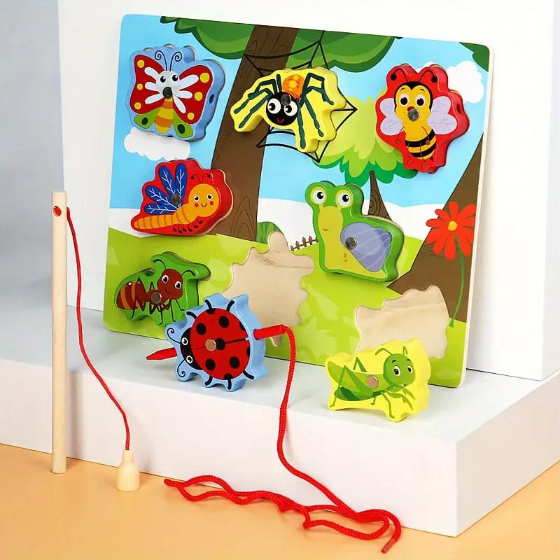 Fidtoy 3D Magnetic Lacing Colorful Puzzle - Random Design, Wooden Magnetic Fishing and Lacing Puzzle, Fine Motor Color Matching Early Learning Toy Ages 2-6