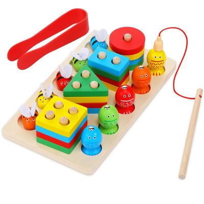 Fidtoy 3 en 1 Kit d'Activités Abeilles et Pêche Magnétique Formes à Colonnes, Jouet en Bois de Tri des Formes et de Développement de la Motricité Fine pour les Enfants de 2 à 6 Ans