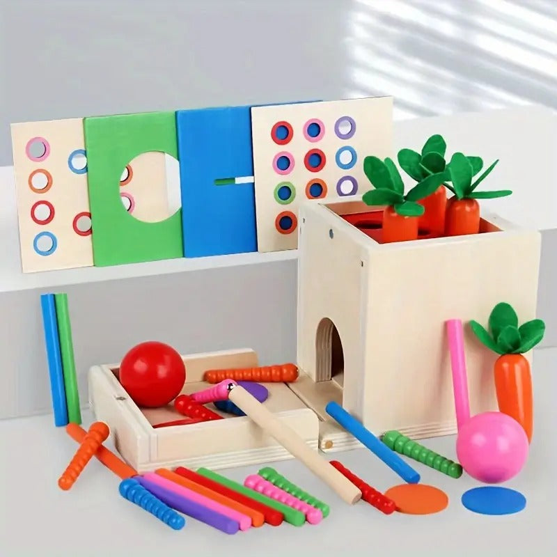 Fidtoy 6-in-1 Montessori Early Education Intelligence Multi-functional Box for Toddlers, Object Permanence Learning Box with Coin Matching, Carrot Pulling, Bug Catching and Clock Learning