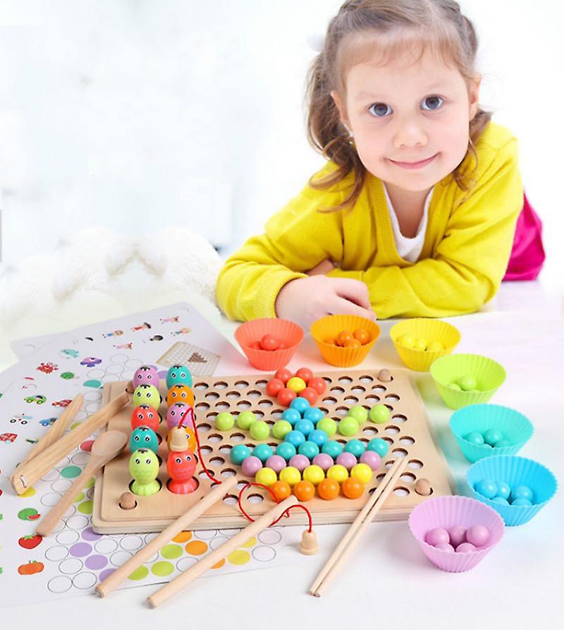Fidtoy Jouet en bois magnétique de pêche 3 en 1 avec support de perles colorées, jouet de tri de perles en bois avec cartes de motifs, jouet d'apprentissage préscolaire pour la motricité fine, à partir de 3 ans