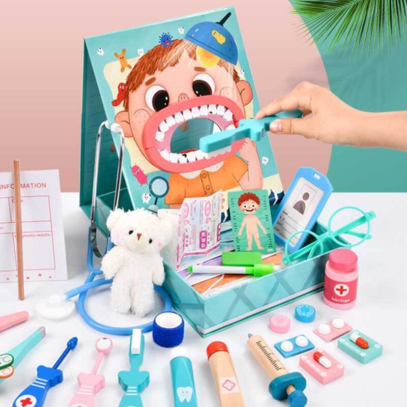 Fidtoy Mallette de docteur en bois 18 pièces, jouet médical pour jeu d'imitation