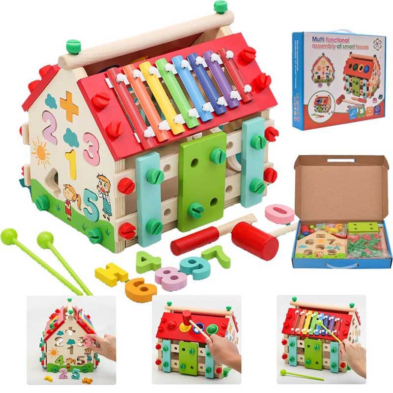 Fidtoy Cube d'activités en bois Montessori pour tout-petits, maison d'activités multi-apprentissage