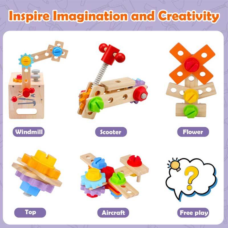 Fidtoy Wooden Construction Tool Box Set Montessori Toy for Kids