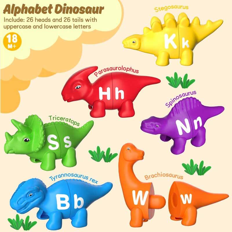 Fidtoy 26PCS Alphabet Matching Dinosaur Toys for Toddlers | Montessori Early Learning & Color Recognition