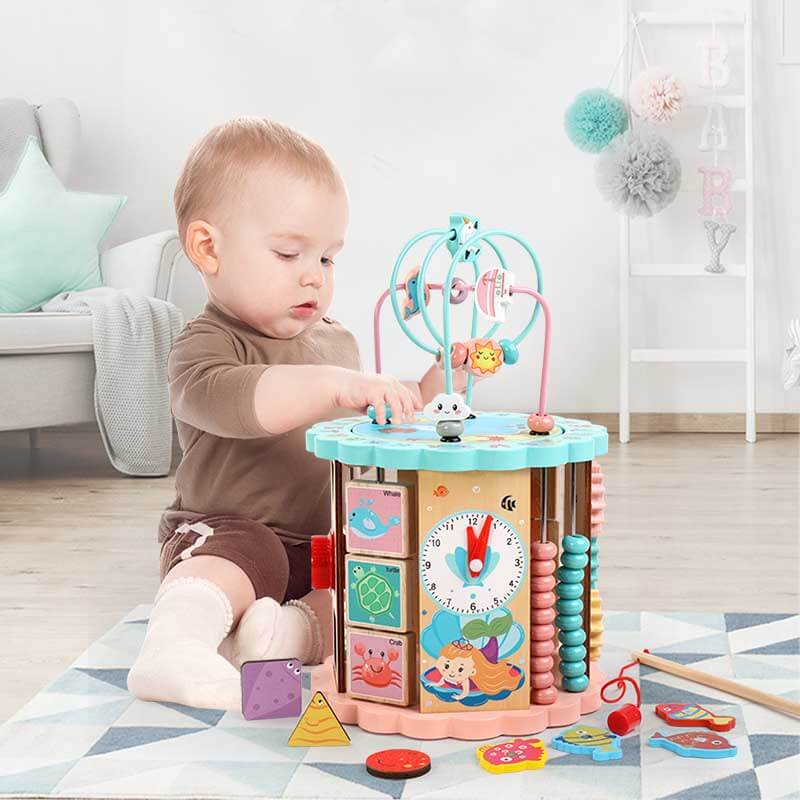 Cube d'activités en bois 8-en-1 Fidtoy – Jouet d'apprentissage Montessori multi-activités pour les tout-petits