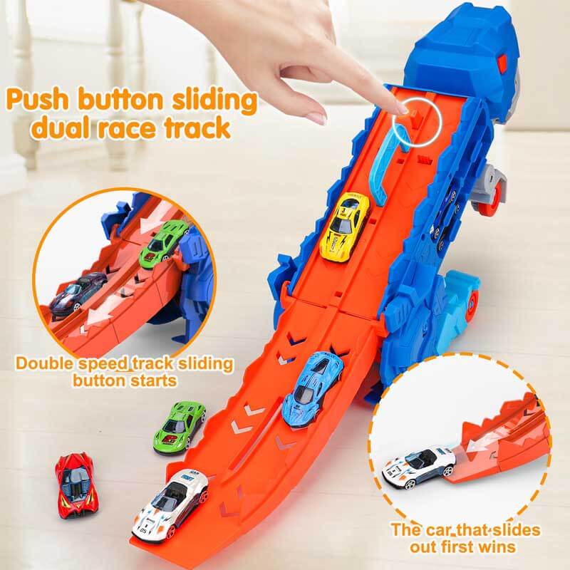 Fidtoy Dinosaur Transport Truck Toy 4 in 1 Race Track Playset