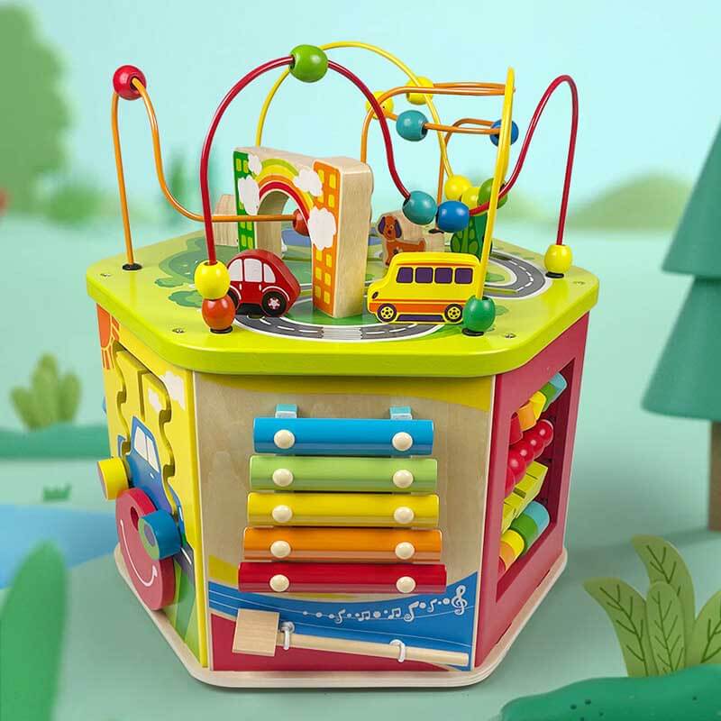 Fidtoy Cube d'activités en bois 7-en-1 – Jouet d'apprentissage Montessori pour les tout-petits