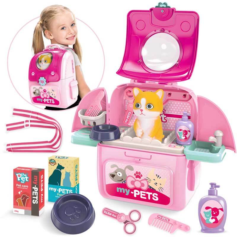 Fidtoy Trousse de Soin pour Animaux de Compagnie, Jouet de Simulation pour Enfants, Sac à Dos de Toilettage pour Chat, Jouet de Rôle pour Filles de 3, 4, 5, 6 Ans, Jeu à la Maison