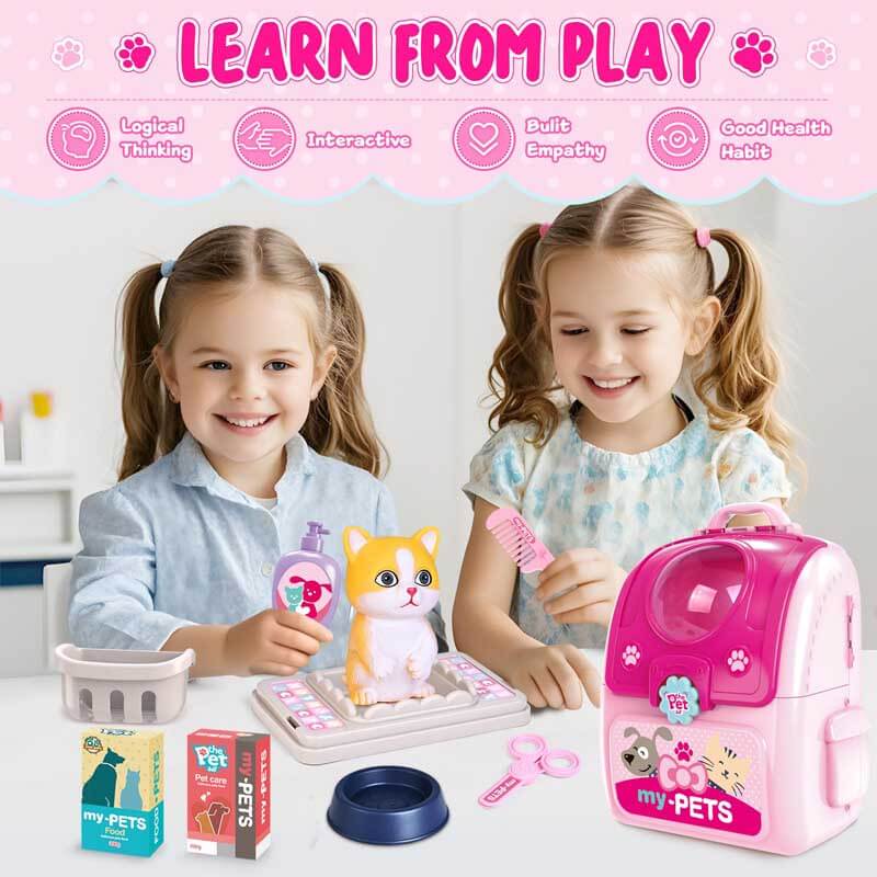 Fidtoy Trousse de Soin pour Animaux de Compagnie, Jouet de Simulation pour Enfants, Sac à Dos de Toilettage pour Chat, Jouet de Rôle pour Filles de 3, 4, 5, 6 Ans, Jeu à la Maison