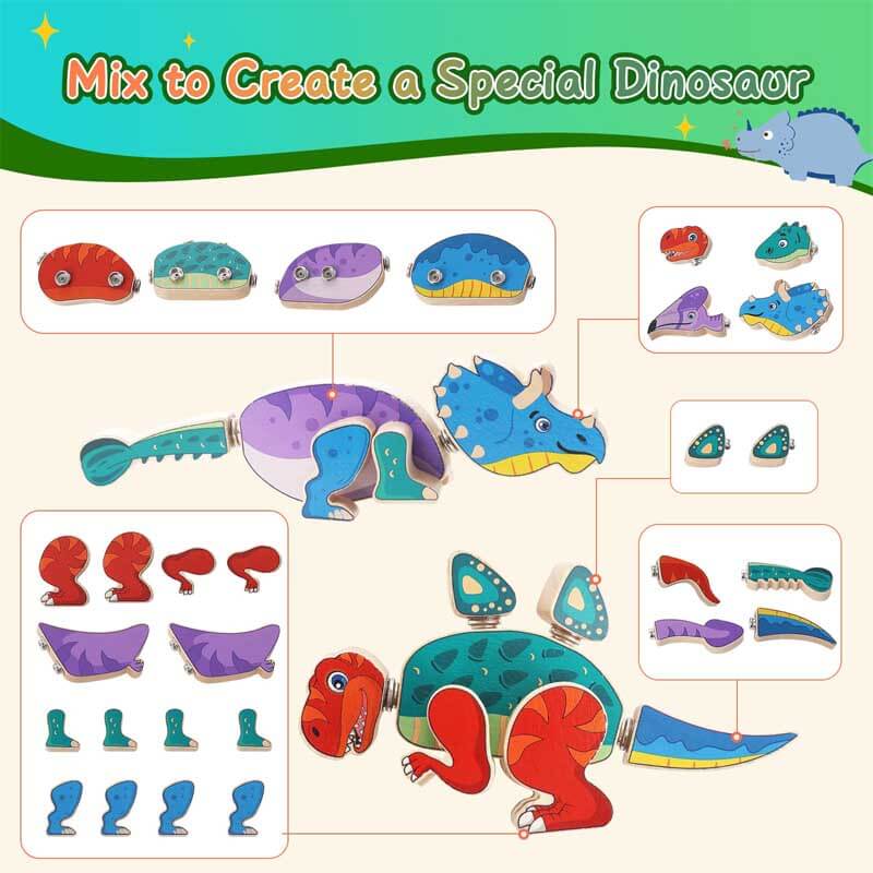 Fidtoy Wooden Dinosaur Building Blocks – STEM Educational Toy for Toddlers