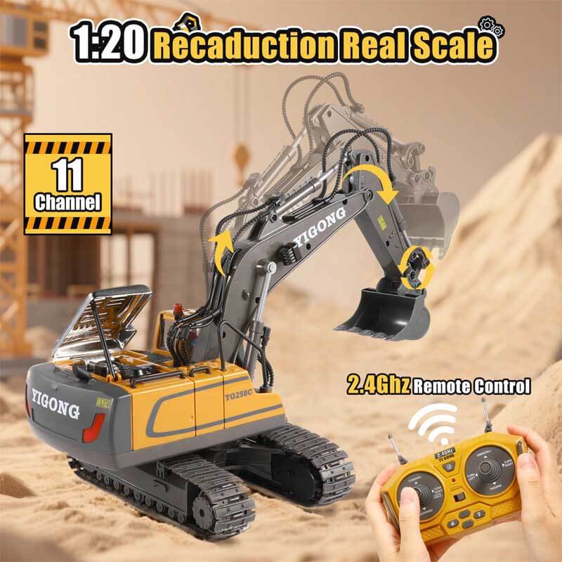 Fidtoy RC Excavator Toy Remote Control Construction Truck 11 Channel Digger with Metal Shovel Lights Sound STEM Toy for Kids Outdoor Play