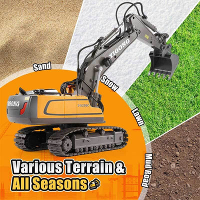 Fidtoy RC Excavator Toy Remote Control Construction Truck 11 Channel Digger with Metal Shovel Lights Sound STEM Toy for Kids Outdoor Play