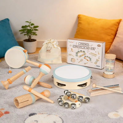 Fidtoy Juego de 8 instrumentos musicales de madera para niños pequeños, set de instrumentos de ritmo con tambor, campanas y maracas
