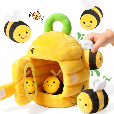 Mi primer juguete de peluche de abeja. Juego interactivo de escondite de colmena de abejas para bebés y niños pequeños. 5 abejas de peluche y colmena exprimible. Regalo de aprendizaje temprano Montessori para 1-3 años.