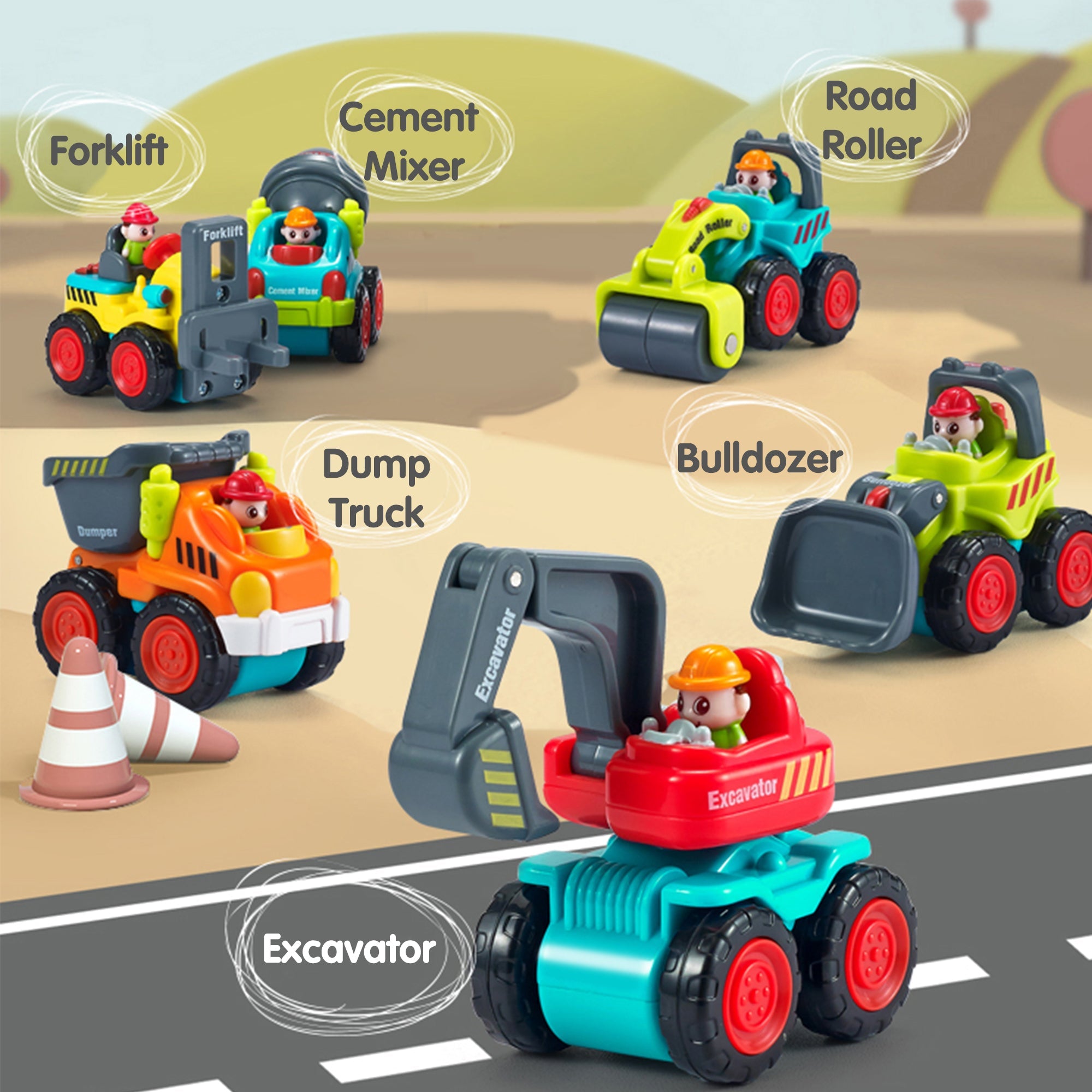 Fidtoy Lot de 6 véhicules de construction avec tapis de jeu pour enfants