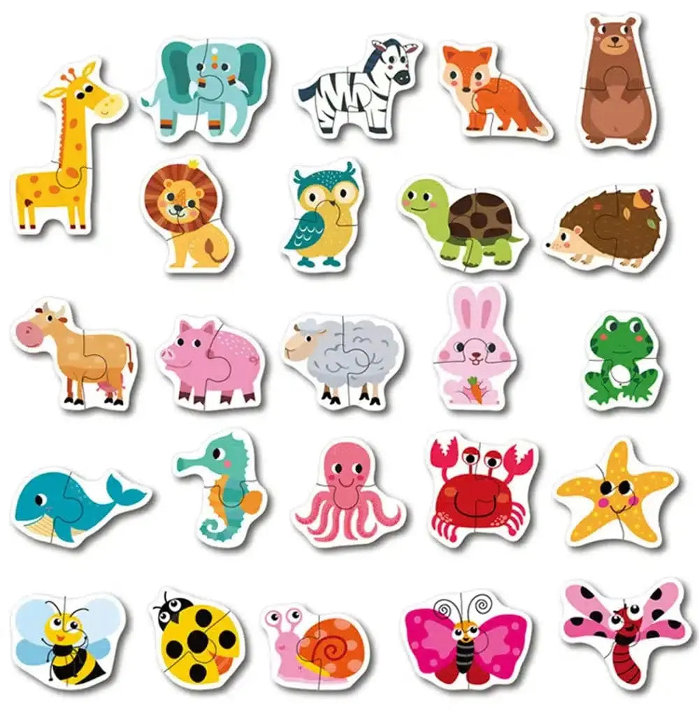 Fidtoy Themed Box of 23 Puzzles – Beginner Matching Jigsaw Puzzle Set for Kids, Animals, Vehicles, Fruits & Vegetables