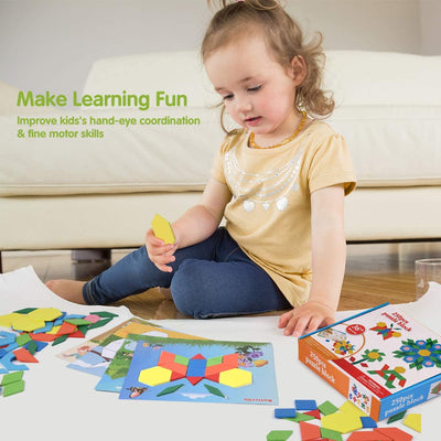 Fidtoy Wooden Pattern Puzzle Blocks 250 Pieces Creative Shape Tangram Building Set for Kids Ages 2 to 6
