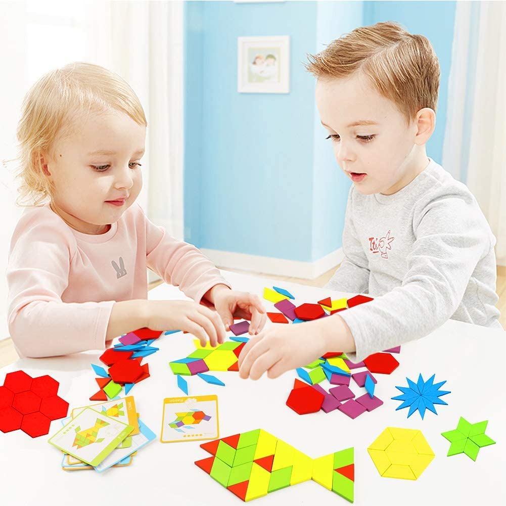 Fidtoy Wooden Pattern Puzzle Blocks 250 Pieces Creative Shape Tangram Building Set for Kids Ages 2 to 6