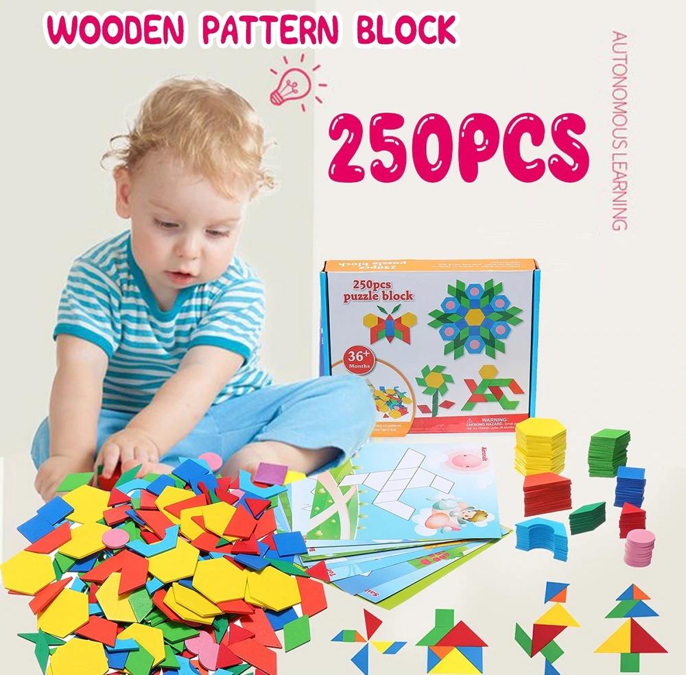 Fidtoy Wooden Pattern Puzzle Blocks 250 Pieces Creative Shape Tangram Building Set for Kids Ages 2 to 6