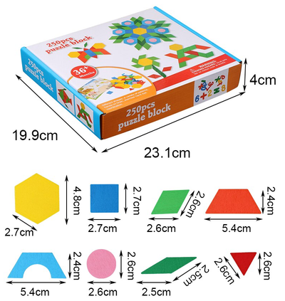 Fidtoy Wooden Pattern Puzzle Blocks 250 Pieces Creative Shape Tangram Building Set for Kids Ages 2 to 6