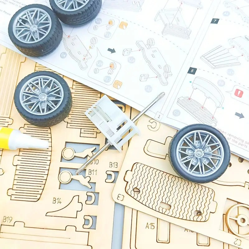 Fidtoy Puzzle 3D en Bois Voiture Supercar à Rétrofriction 114 Pièces, Maquette de Voiture en Bois pour Adolescents et Amateurs de Puzzles à partir de 14 Ans