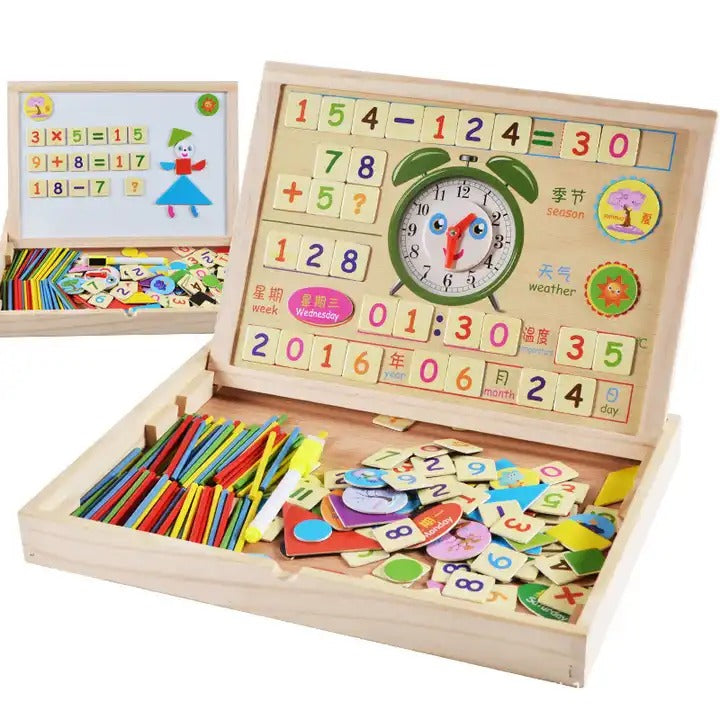 Fidtoy 2in1 Magnetic Arithmetic Learning Puzzle Board, Wooden Math Learning Box with Numbers, Arithmetic Symbols, Drawing Board, Color Sorting Rods and Clock Learning Toy Ages 3-6