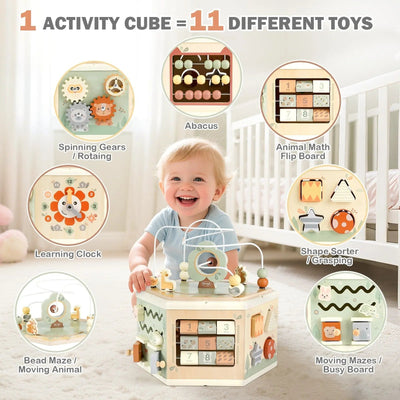Fidtoy Cubo de actividades de madera 11 en 1, juguete Montessori para el centro de aprendizaje de niños pequeños de 1 a 4 años