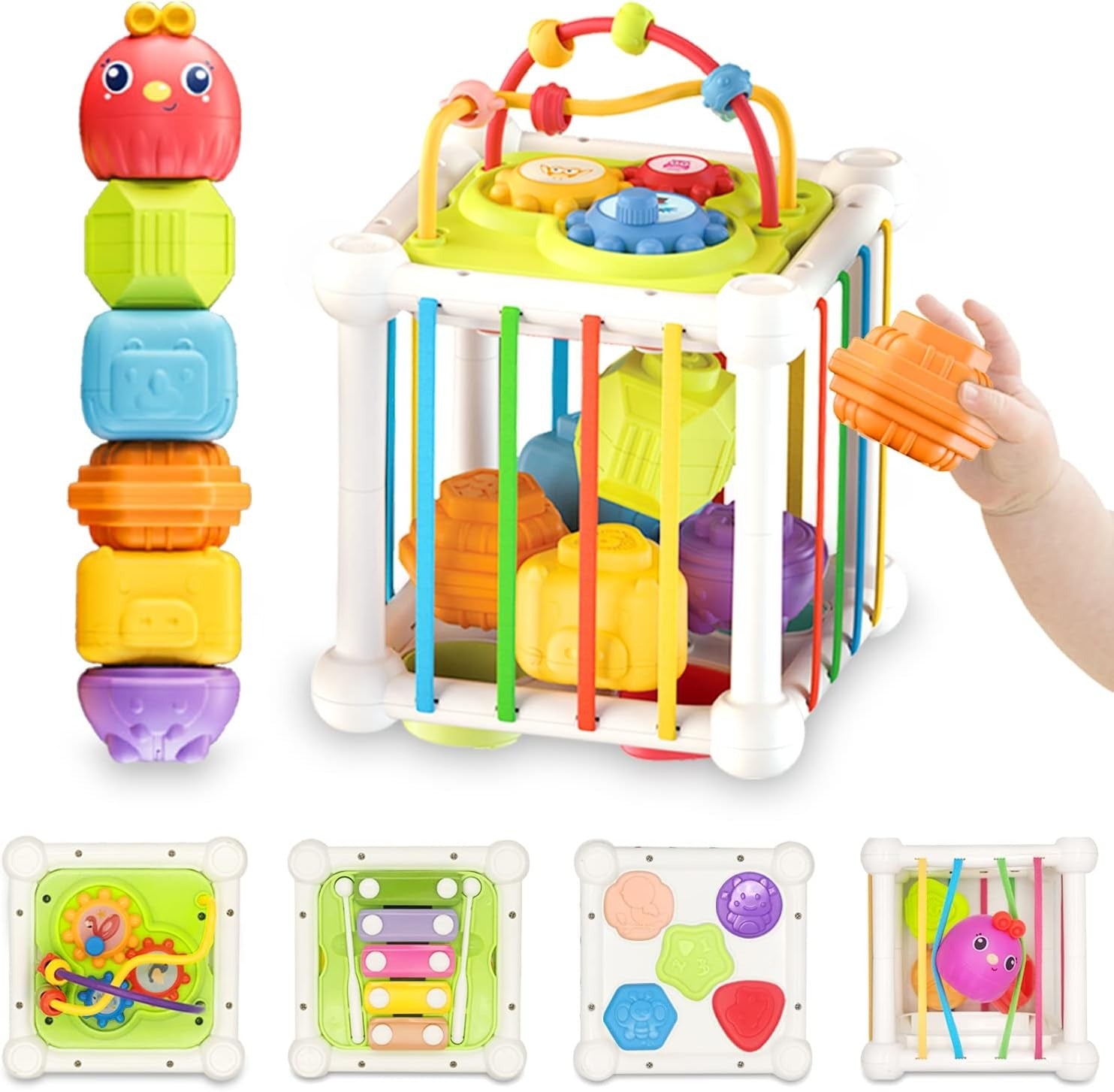 Fidtoy Baby Multifunction Activity Shapes Learning Cube Montessori Sensory Shape Sorting Toy with Bead Maze, Color Blocks, Numbers and Letters for Toddlers 18+ Months
