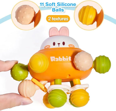 Fidtoy 3-in-1 Silicone Baby Teether Hand Grip Sensory Toy, Rabbit Rattle Teething Toy for 6+ Month Babies, Textured Chew Toy for Travel, Stroller Play and Early Sensory Development