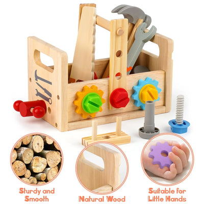 Fidtoy Juego de herramientas de madera para niños, 30 piezas, juguete de construcción para juegos de imitación para niños pequeños