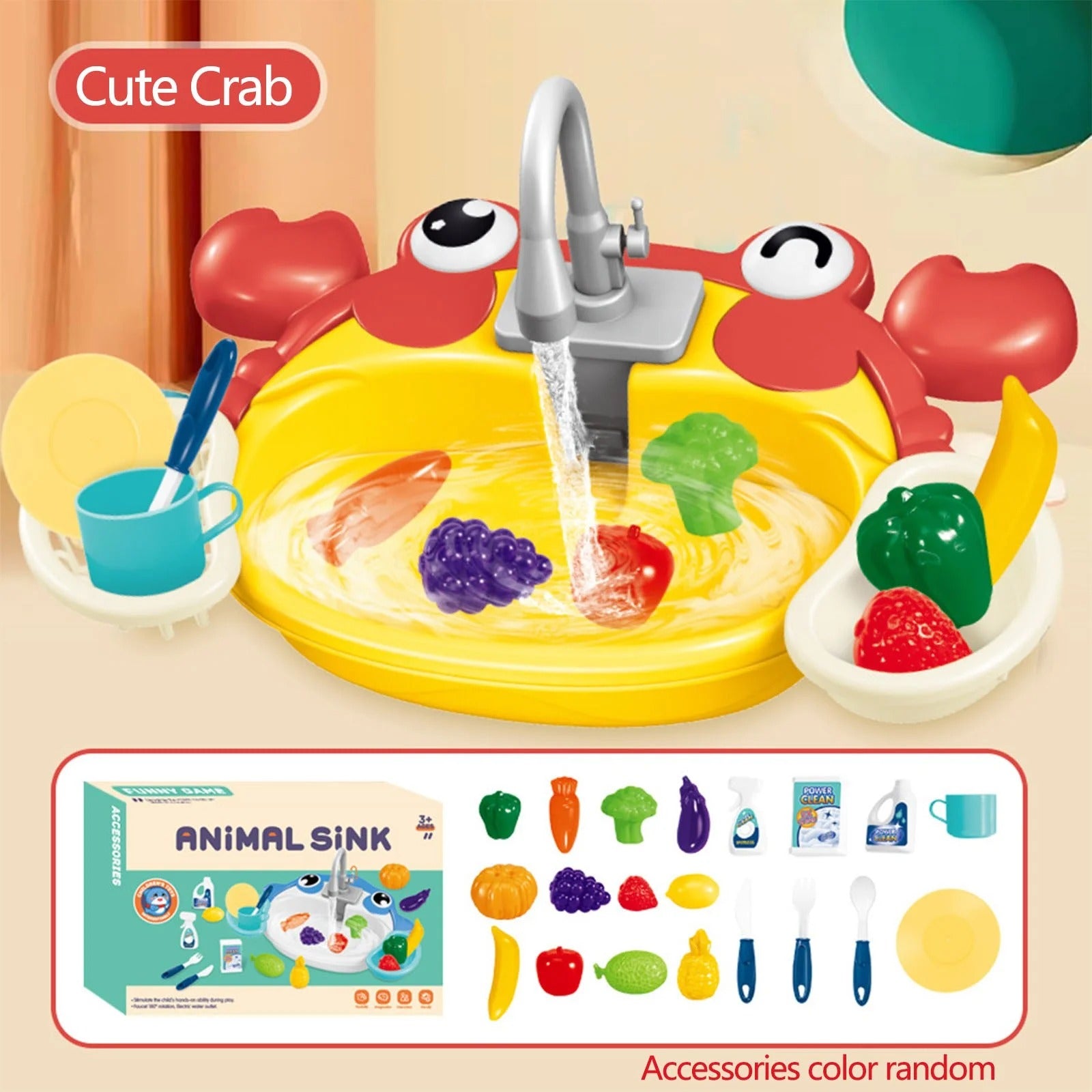 Fidtoy Cute Animal Kitchen Water Sink Pretend Play Set with Running Water Faucet for Kids Ages 3-8, Interactive Kitchen Role Play Toy with Fruits, Vegetables & Draining Basket